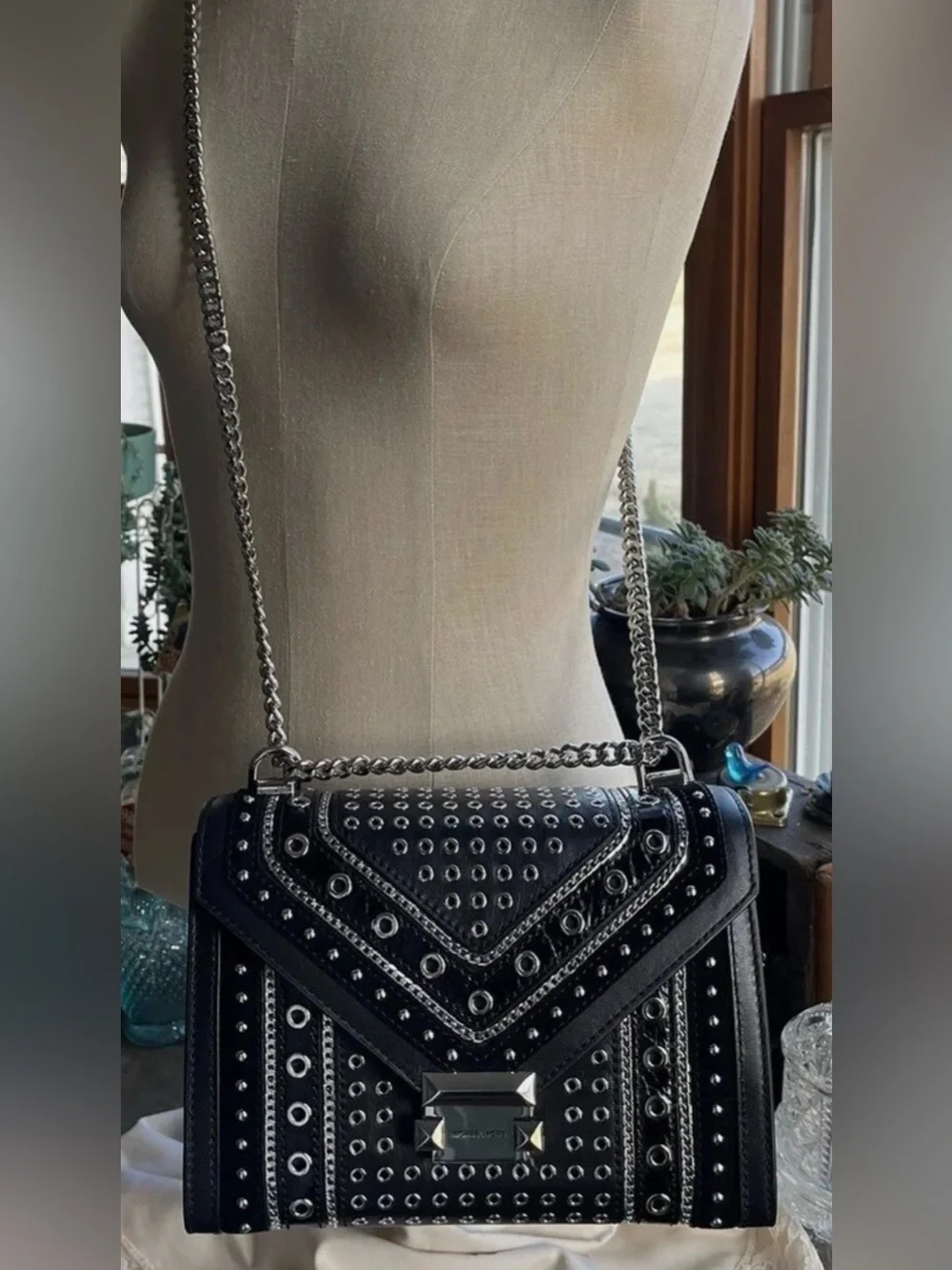 Michael Kors Black Whitney grommeted/ Studded Leather convertsble Shoulder Bag